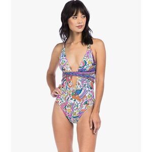 Trina Turk Jungle Beach Print Cross Back One Piece Halter Swimsuit US 12